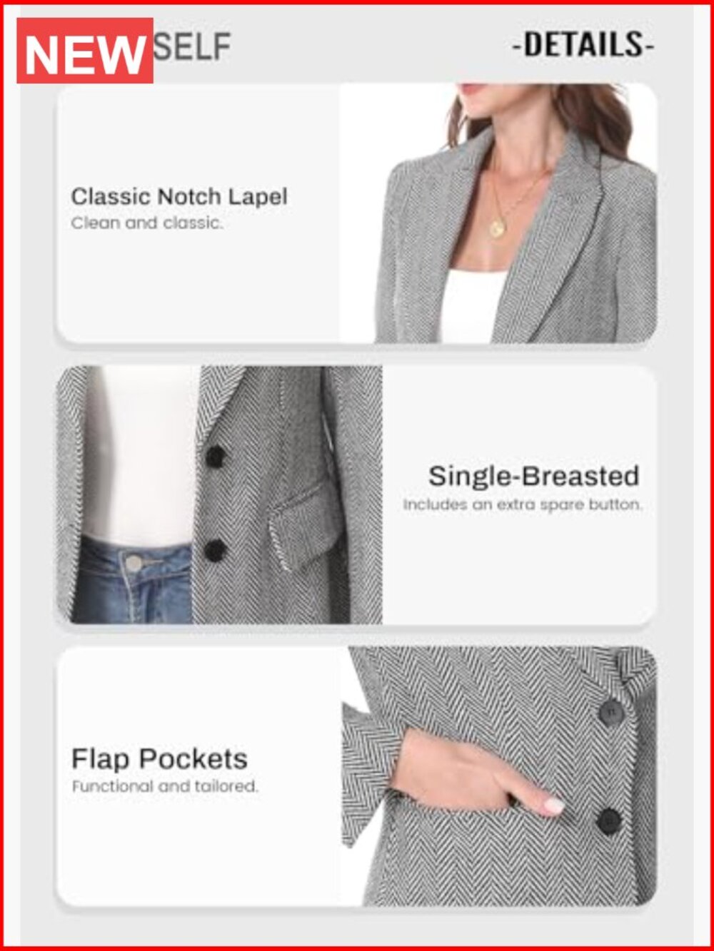 Herringbone Tweed Blazer - Open Front Fully Lined Long Sleeve Work Office - Picture 6 of 7